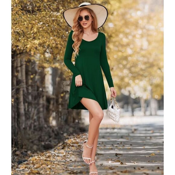 NEW Green T Shirt Long Sleeve V-Neck Casual Loose Flowy Swing Dress M - Picture 6 of 7